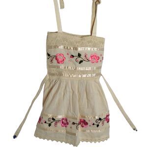 Vintage 90s BOHO Baby Dress Tan Mexican Embroidered Floral